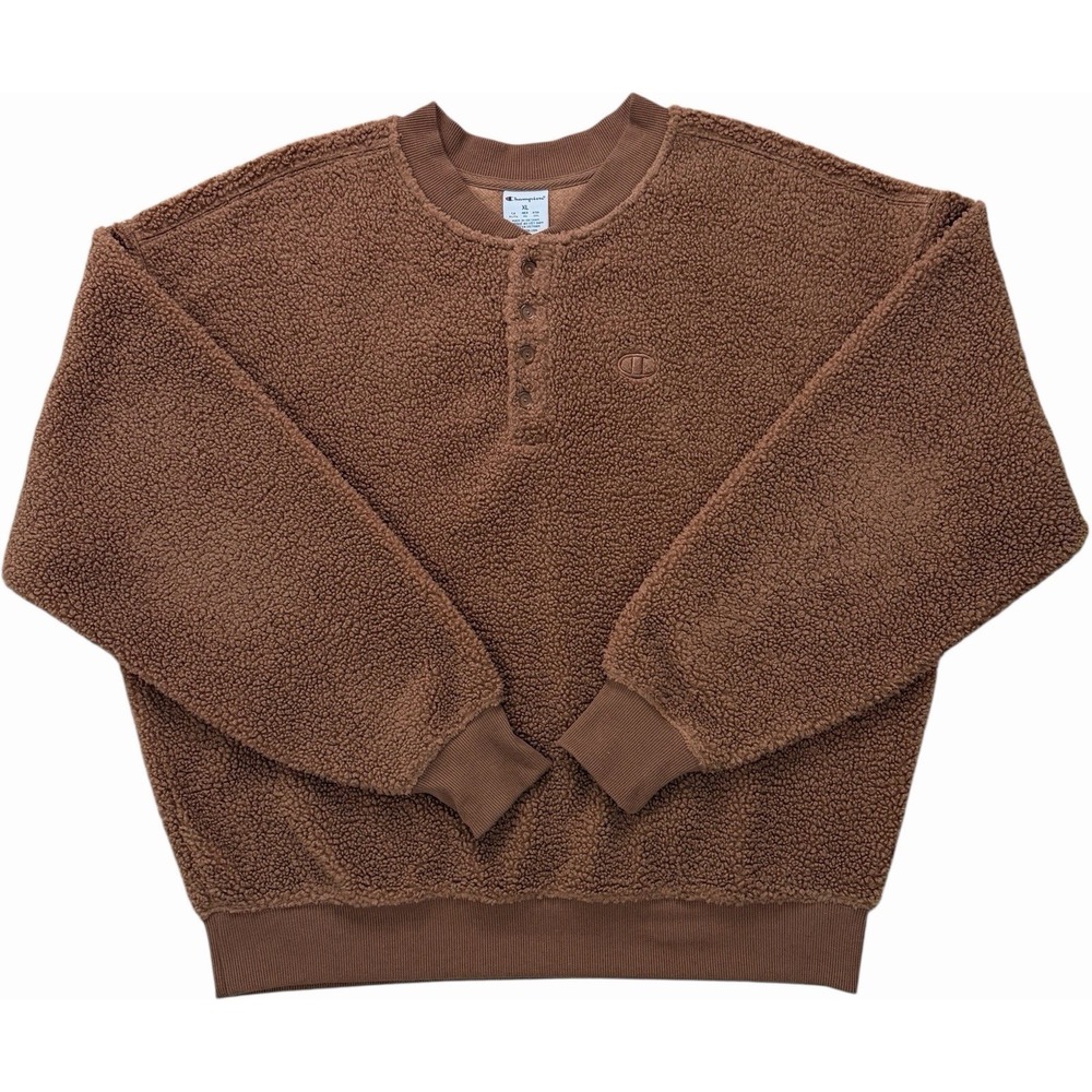 Champion UO‎ Exclusive Sherpa Henley Sweatshirt Brown Teddy Bear Fleece XL Rare